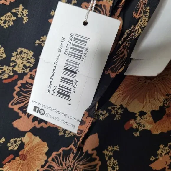 NWT Estelle Womens 1X Golden Blooms Shift Dress Floral Long Sleeve Belted Black - Picture 8 of 12